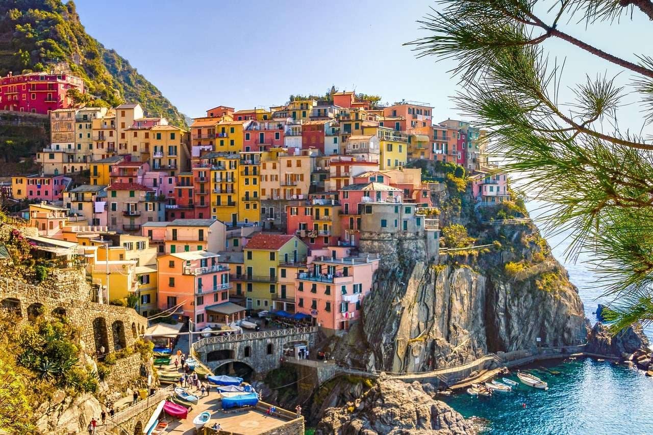 Colorful houses with sea cliffs.