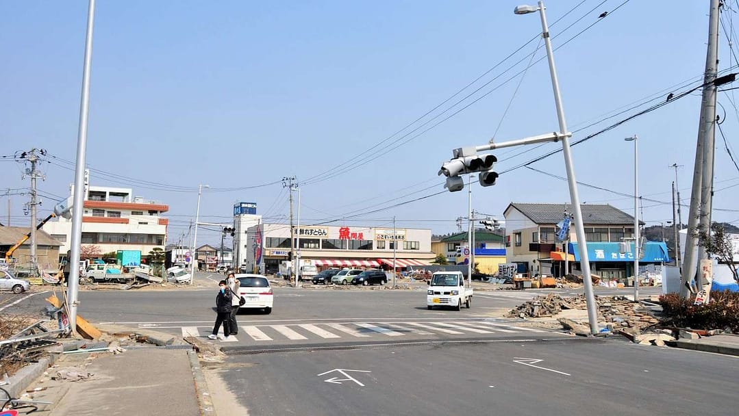 Japanese street crossing showing severe damages after Tohoku megaquake