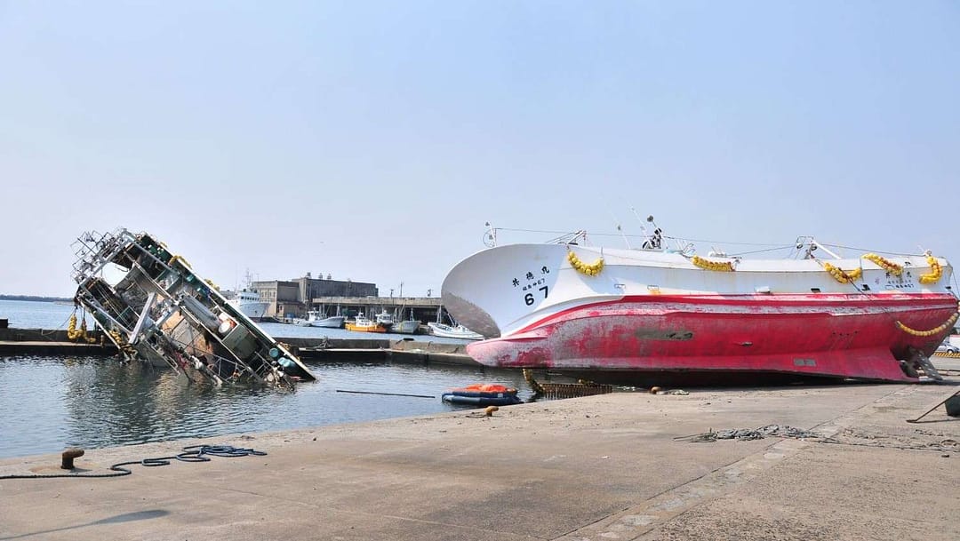One out of thousands of washed up boats in Onahama